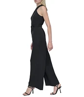 DKNY by Donna Karan Stretch Halter Neck Sleeveless Belted Straight Leg Jumpsuit