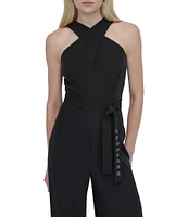 DKNY by Donna Karan Stretch Halter Neck Sleeveless Belted Straight Leg Jumpsuit