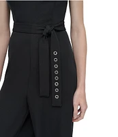 DKNY by Donna Karan Stretch Halter Neck Sleeveless Belted Straight Leg Jumpsuit