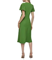 DKNY by Donna Karan Stretch V Neck Short Split Sleeve Fit and Flare Midi Dress
