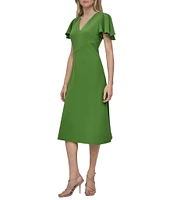 DKNY by Donna Karan Stretch V Neck Short Split Sleeve Fit and Flare Midi Dress