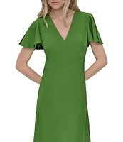 DKNY by Donna Karan Stretch V Neck Short Split Sleeve Fit and Flare Midi Dress
