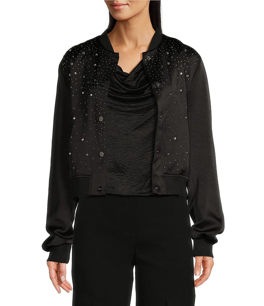 DKNY by Donna Karan Studded Satin Crew Neck Long Sleeve Snap-Front Bomber Jacket