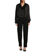 DKNY by Donna Karan Studded Satin Crew Neck Long Sleeve Snap-Front Bomber Jacket