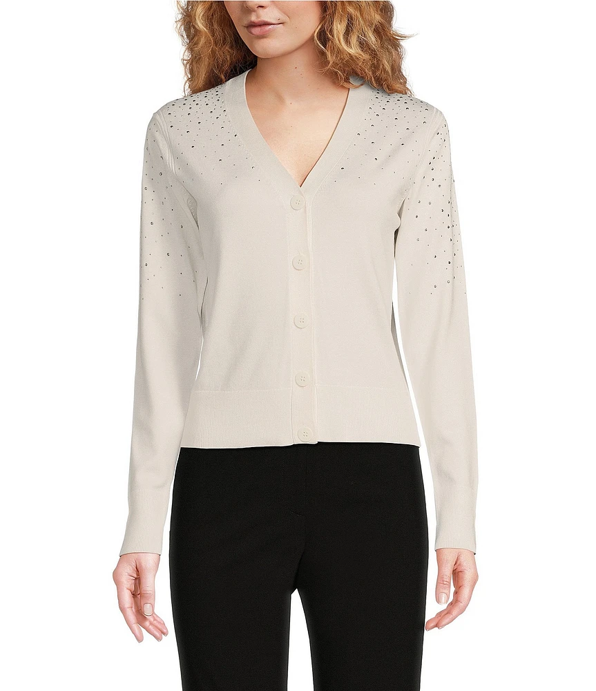 DKNY by Donna Karan Studded V-Neck Long Sleeve Button Front Cardigan