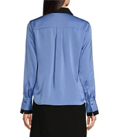 DKNY by Donna Karan Sueded Satin Contrast Point Collar Long Sleeve Button-Front Shirt