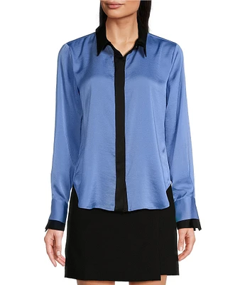 DKNY by Donna Karan Sueded Satin Contrast Point Collar Long Sleeve Button-Front Shirt