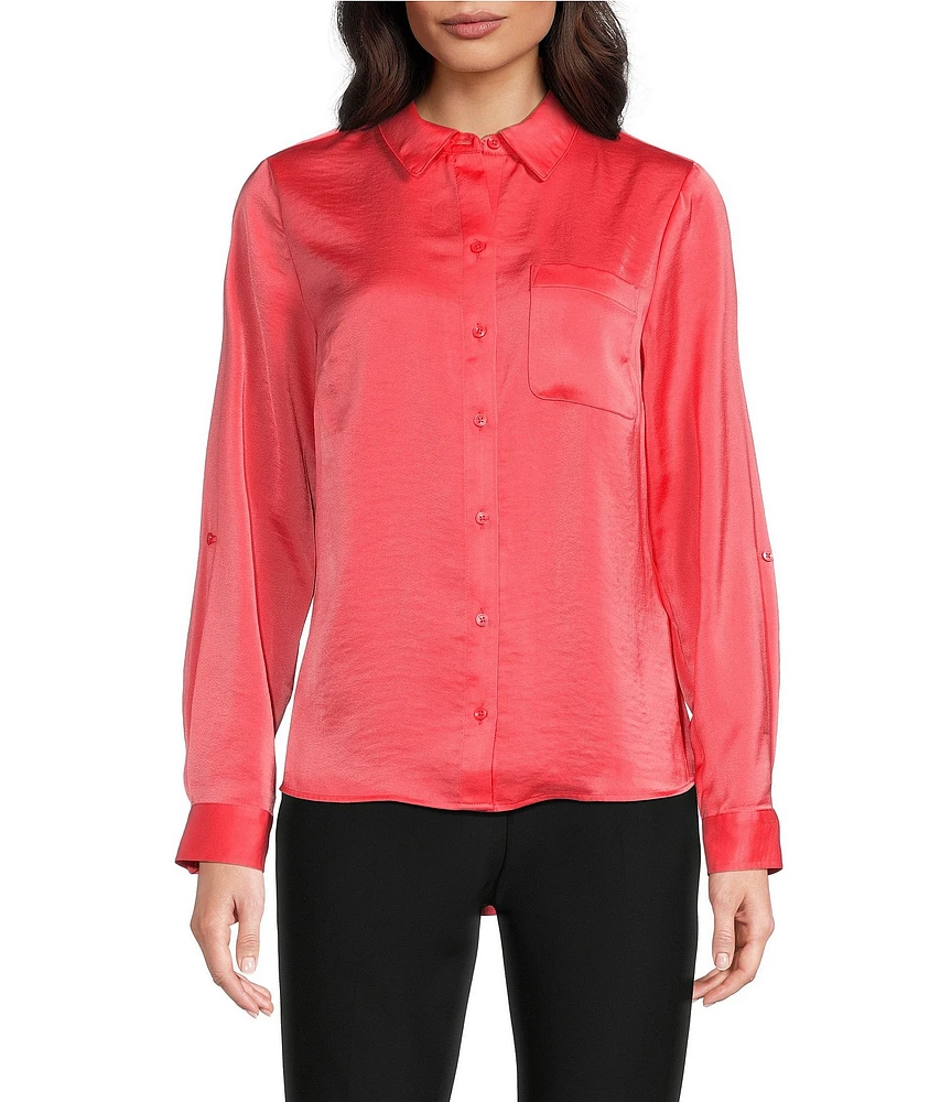 DKNY By Donna Karan Sueded Satin Point Collar Roll-Tab Long Sleeve Button-Front Shirt