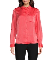 DKNY By Donna Karan Sueded Satin Point Collar Roll-Tab Long Sleeve Button-Front Shirt