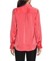 DKNY By Donna Karan Sueded Satin Point Collar Roll-Tab Long Sleeve Button-Front Shirt