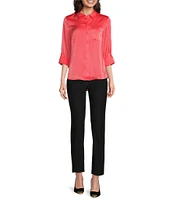 DKNY By Donna Karan Sueded Satin Point Collar Roll-Tab Long Sleeve Button-Front Shirt