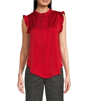 DKNY by Donna Karan Sueded Satin Ruffle Mock Neck Sleeveless Button Front Top