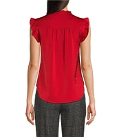 DKNY by Donna Karan Sueded Satin Ruffle Mock Neck Sleeveless Button Front Top