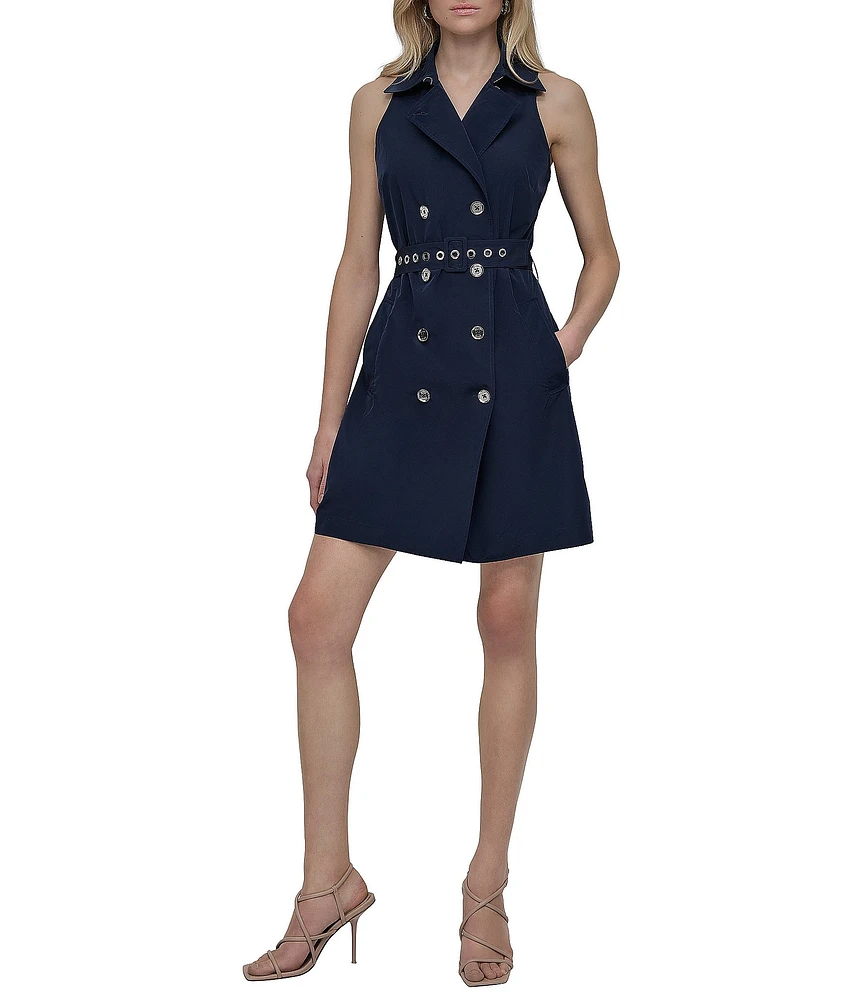 DKNY by Donna Karan Tech Taffeta Notch Collar Neck Sleeveless Belted Sheath Mini Dress