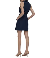 DKNY by Donna Karan Tech Taffeta Notch Collar Neck Sleeveless Belted Sheath Mini Dress