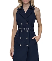 DKNY by Donna Karan Tech Taffeta Notch Collar Neck Sleeveless Belted Sheath Mini Dress