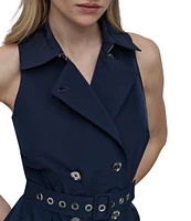 DKNY by Donna Karan Tech Taffeta Notch Collar Neck Sleeveless Belted Sheath Mini Dress