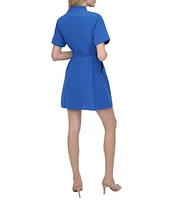 DKNY by Donna Karan Tech Taffeta Point Collar Neck Short Sleeve Button Front Belted Shirt Mini Dress