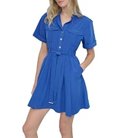 DKNY by Donna Karan Tech Taffeta Point Collar Neck Short Sleeve Button Front Belted Shirt Mini Dress