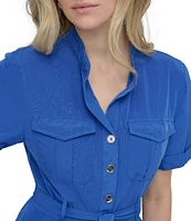 DKNY by Donna Karan Tech Taffeta Point Collar Neck Short Sleeve Button Front Belted Shirt Mini Dress