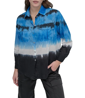 DKNY by Donna Karan Tie Dye Cotton Long Sleeve Button Front Shirt