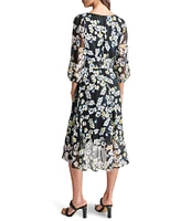 DKNY by Donna Karan V-neck 3/4 Sleeve Floral Print Faux Wrap Midi Dress