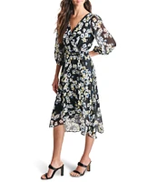 DKNY by Donna Karan V-neck 3/4 Sleeve Floral Print Faux Wrap Midi Dress