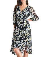 DKNY by Donna Karan V-neck 3/4 Sleeve Floral Print Faux Wrap Midi Dress