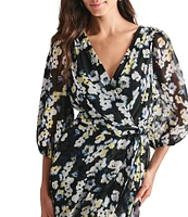 DKNY by Donna Karan V-neck 3/4 Sleeve Floral Print Faux Wrap Midi Dress