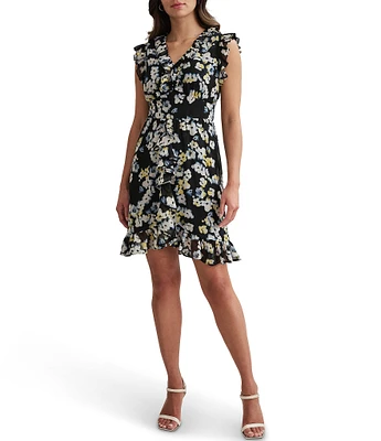 DKNY by Donna Karan Chiffon Ruffle V-Neck Floral Print Faux Wrap Dress