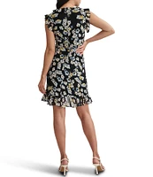 DKNY by Donna Karan Chiffon Ruffle V-Neck Floral Print Faux Wrap Dress