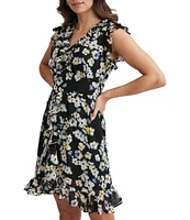 DKNY by Donna Karan Chiffon Ruffle V-Neck Floral Print Faux Wrap Dress