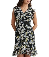DKNY by Donna Karan Chiffon Ruffle V-Neck Floral Print Faux Wrap Dress