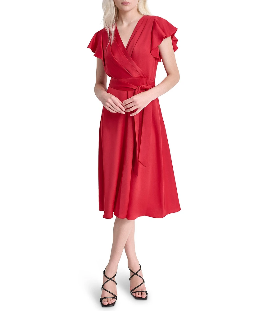 DKNY by Donna Karan V-Neck Flutter Sleeve Satin Crepe A-Line Dress