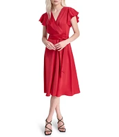 DKNY by Donna Karan V-Neck Flutter Sleeve Satin Crepe A-Line Dress