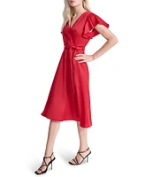 DKNY by Donna Karan V-Neck Flutter Sleeve Satin Crepe A-Line Dress