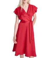 DKNY by Donna Karan V-Neck Flutter Sleeve Satin Crepe A-Line Dress