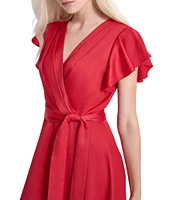 DKNY by Donna Karan V-Neck Flutter Sleeve Satin Crepe A-Line Dress