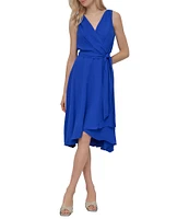 DKNY by Donna Karan V-Neck Sleeveless Bow Waist Washer Faux Wrap Dress