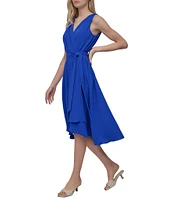 DKNY by Donna Karan V-Neck Sleeveless Bow Waist Washer Faux Wrap Dress