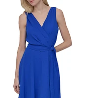 DKNY by Donna Karan V-Neck Sleeveless Bow Waist Washer Faux Wrap Dress
