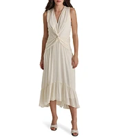 DKNY by Donna Karan V-Neck Twist Front Metallic Chiffon Midi Dress