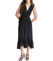 DKNY by Donna Karan V-Neck Twist Front Metallic Chiffon Midi Dress