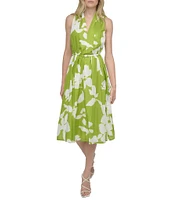 DKNY by Donna Karan Voile Floral Print V Neck Sleeveless Print Halter Midi Dress