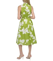DKNY by Donna Karan Voile Floral Print V Neck Sleeveless Print Halter Midi Dress