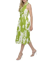 DKNY by Donna Karan Voile Floral Print V Neck Sleeveless Print Halter Midi Dress