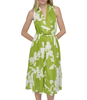 DKNY by Donna Karan Voile Floral Print V Neck Sleeveless Print Halter Midi Dress