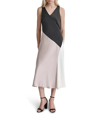 DKNY by Donna Karan Woven Color Block V-Neck Sleeveless Chemise Dress