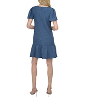DKNY by Donna Karan Woven Crew Neck Short Sleeve Flutter Hem Shift Mini Dress