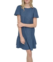 DKNY by Donna Karan Woven Crew Neck Short Sleeve Flutter Hem Shift Mini Dress